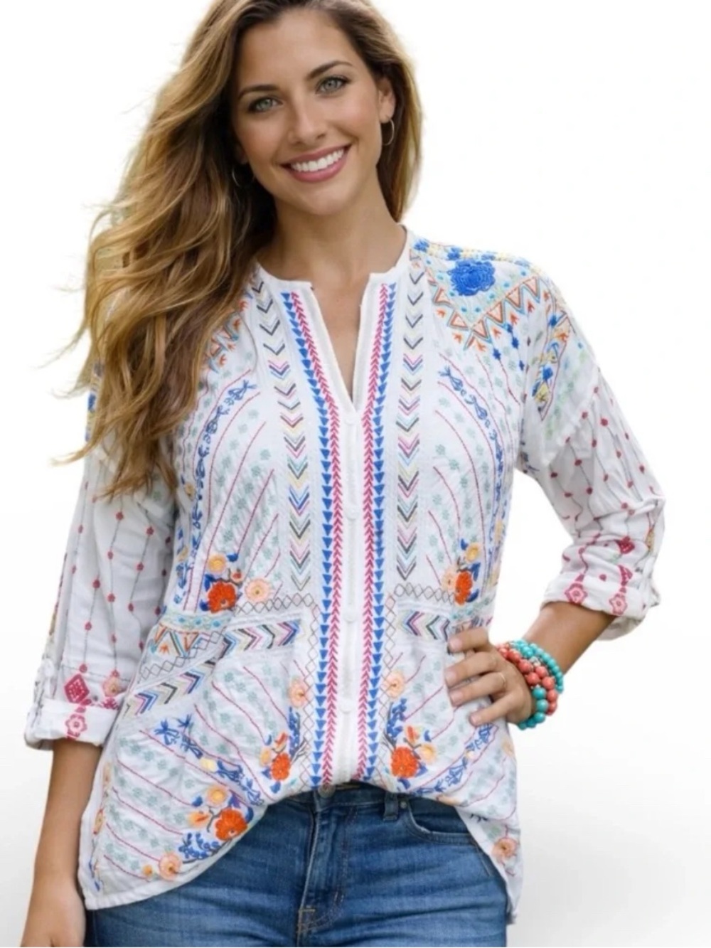 Johnny Was Disha Embroidered Tunic Top Buttondown front Pick up Sleeves XL NWT